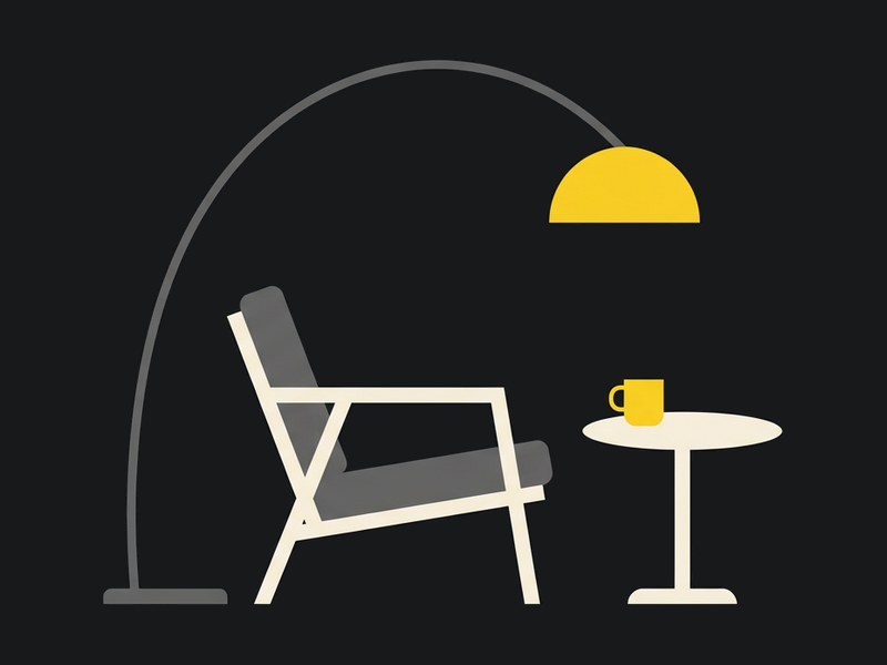 Illustration: an armchair, a side table and a floor lamp