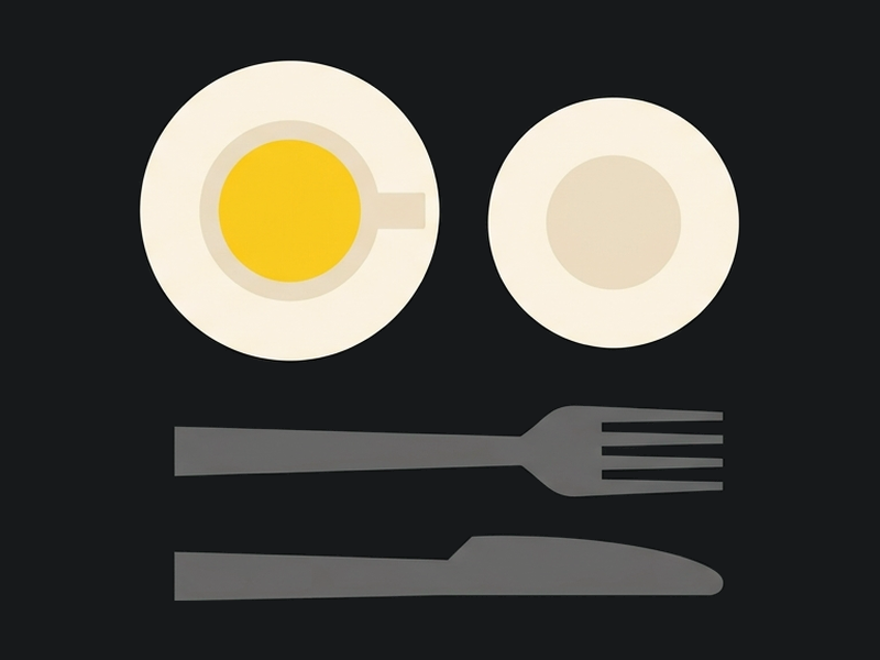 Illustration: a cup, a plate and cutlery seen from above