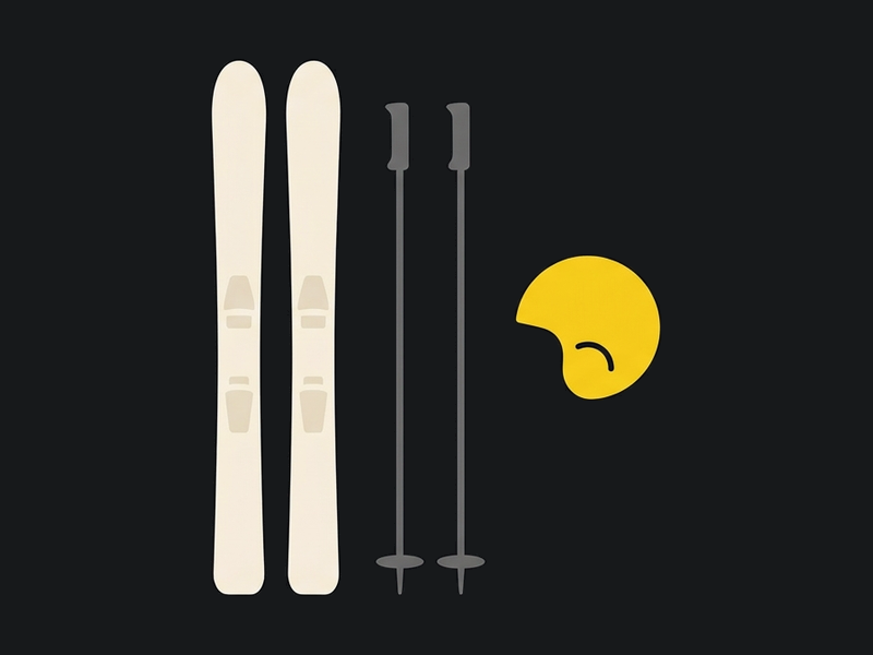 Illustration: a pair of skis, poles and a helmet seen from above