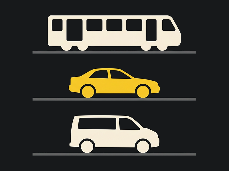 Illustration: a train, a car and a minivan, the three ways of getting into town